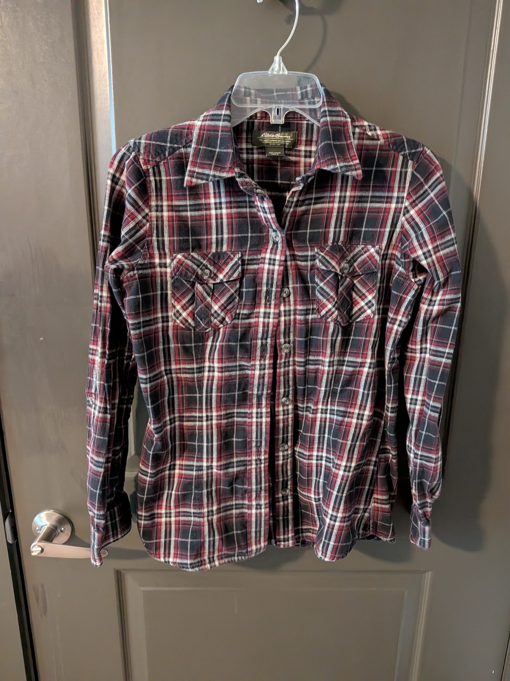 Eddie Bauer Men's Red and Black Plaid Button-Up Shirt